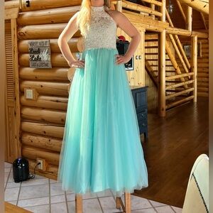 Teal with lace white top with halter top and open back
